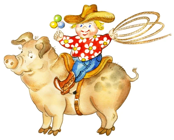 Cartoon jongen met een lasso en rammelaar rijden varken — Stockfoto