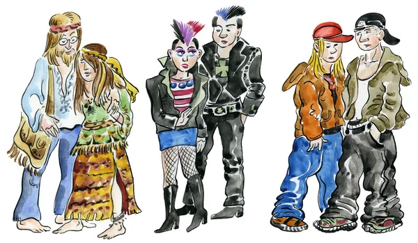 Hippie, punk en rock tieners tekenset Stockfoto