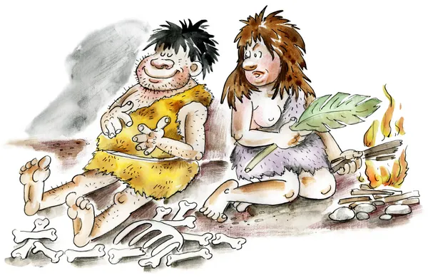 Cartoon cavemen and woman by the fire — Stock Photo, Image