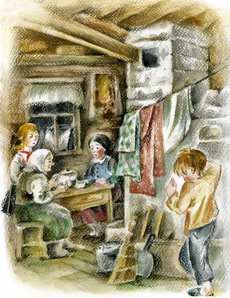 Сім'я в селянському інтер'єрі з плитою . Ліцензійні Стокові Зображення