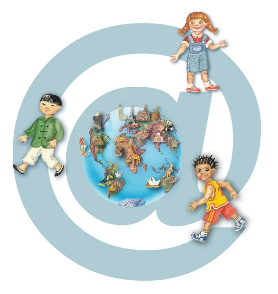 Crianças felizes multirraciais em todo o mundo contra o ícone de correio — Fotografia de Stock