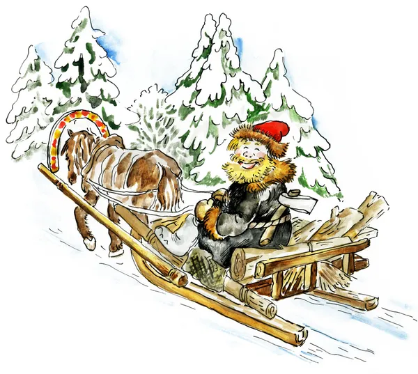 Happy man in a horse sleigh carrying firewood — Stock Photo, Image