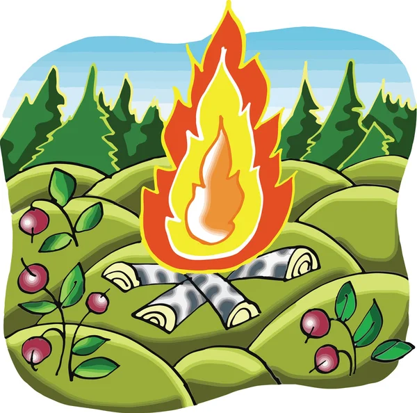 Kampvuur in bos cartoon afbeelding — Stockvector