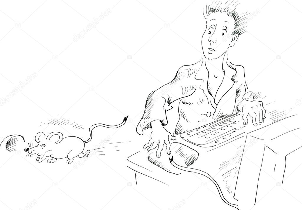 Computer user looking at mouse running away
