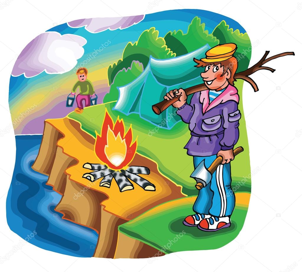 Boy camping on river bank