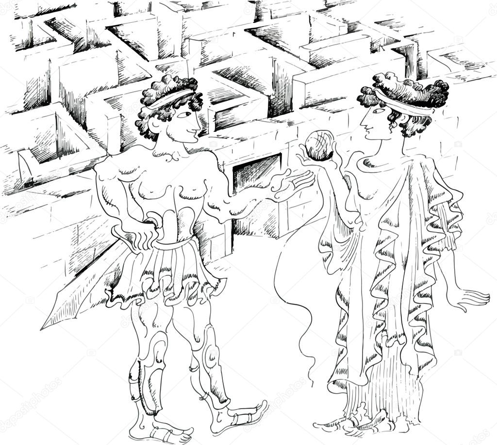 Theseus and Ariadne against Minotaur labyrinth