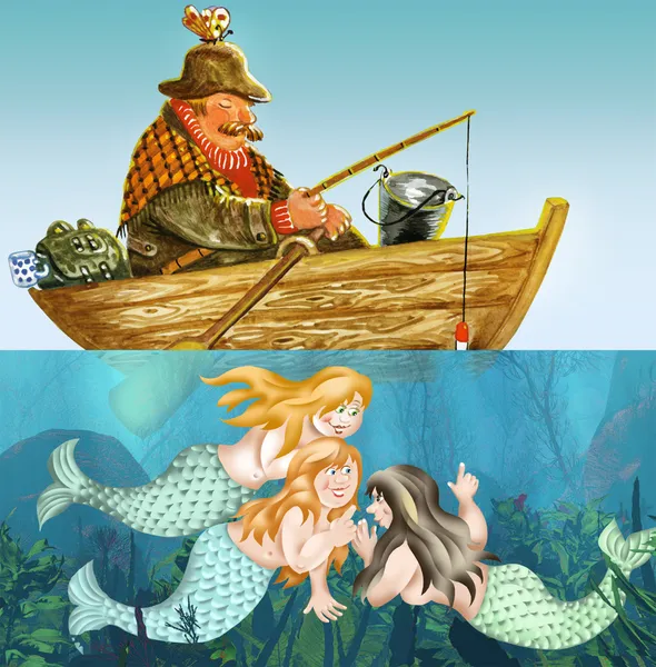 Fisherman and mermaids — Stock Photo, Image