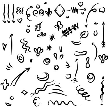 Konsept tasarım için soyut oklar, kurdeleler ve diğer elementler el çizimi tarzında. Karalama çizimi. Dekorasyon için vektör şablonu