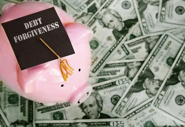 Piggy Bank Debt Forgiveness Graduation Cap Cash — Stock Photo, Image
