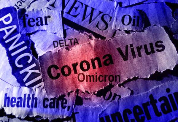 コロナウイルスそれを取り巻く様々な否定的なニュースの見出しと赤のオミクロンニュース — ストック写真