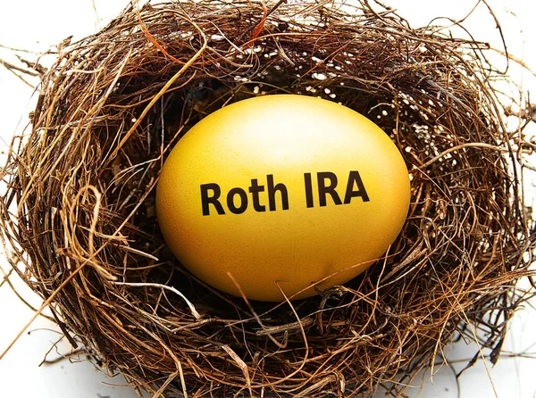 Gold Roth IRA egg in a bird\'s nest, on white