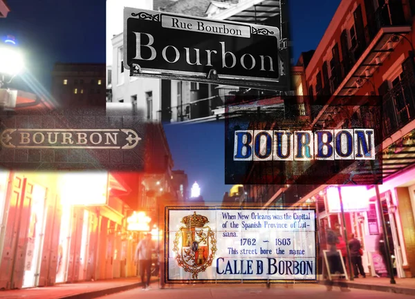 ニューオーリンズのブルボン セント通りの標識や標識のコラージュと夜 — ストック写真