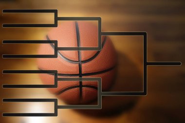 Turnuva parantezi ve sahada bir basketbol topu