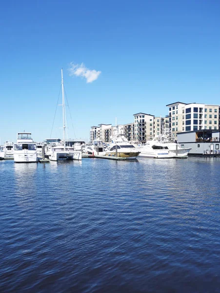 Wilmington, NC - ABD - 09-26-2021: Wilmington şehir merkezindeki Cape Fear Nehri boyunca uzanan nehir yolu boyunca bir marina, yüzen evler ve yüzen evler   