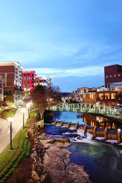 Eugenia Duke Bridge Reedy River Picturesque Downtown Greenville Featuring Falls — Stock Photo, Image