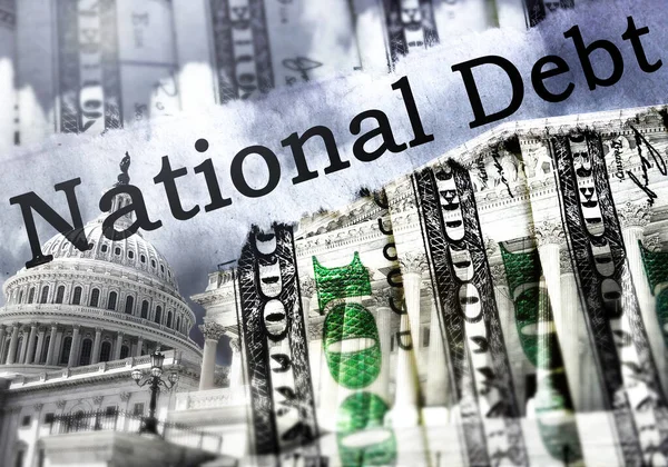 美国国会在华盛顿的国会大厦 有国家债务文本和100美元钞票 — 图库照片