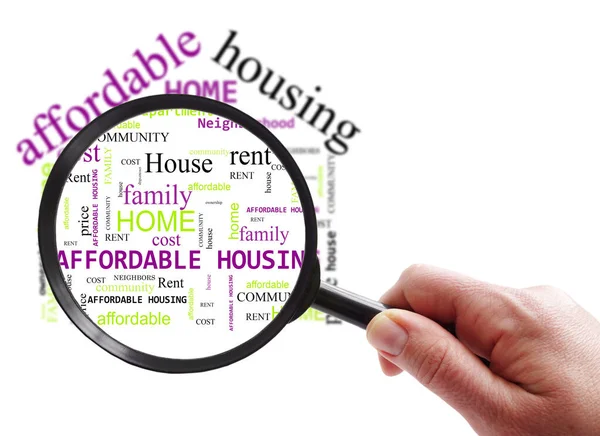 Hand Magnifying Glass Looking Affordable Housing Word Cloud White Background — Foto de Stock