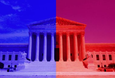 The US Supreme Court in Washington DC with red and blue color halves representing political division on the court                               