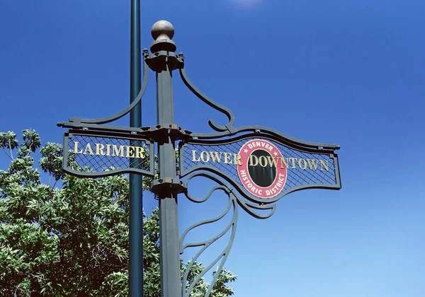 Panneau Rue Larimer Lower Downtown Lodo Dans Quartier Historique Denver — Photo