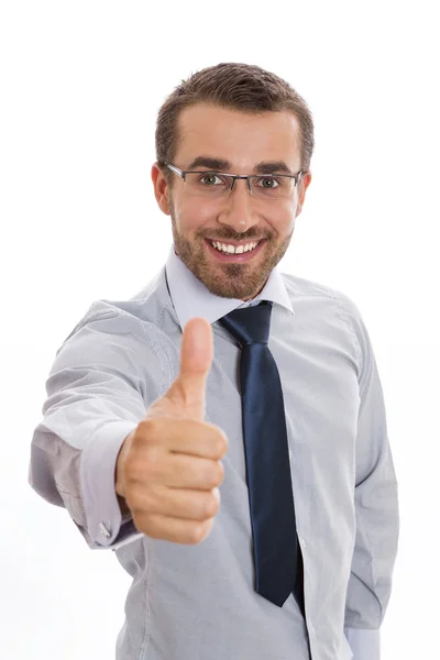 Hombre de negocios sonriente y signo de pulgar hacia arriba —  Fotos de Stock