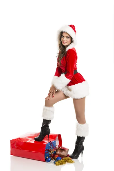 Santa girl with Christmas shopping bag — Stock Photo, Image