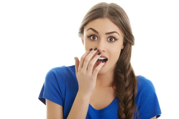 Surprised woman with hand over mouth — Stock Photo, Image