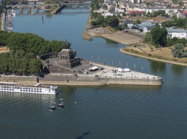 Deutsches Eck (translated German corner) in Koblenz, Germany - confluence of river Rhine and river Mosel