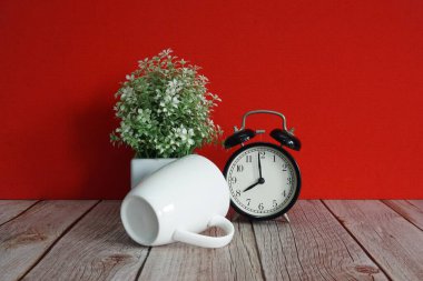 Çalar saat ve saksı çiçeği masanın üstünde.
