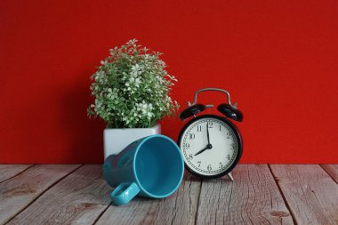 Çalar saat ve saksı çiçeği masanın üstünde.