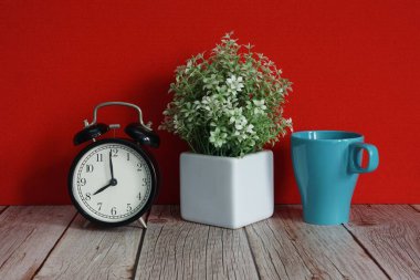 Çalar saat ve saksı çiçeği masanın üstünde.
