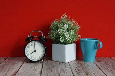 Çalar saat ve saksı çiçeği masanın üstünde.