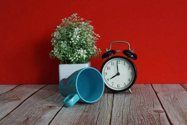 Çalar saat ve saksı çiçeği masanın üstünde.