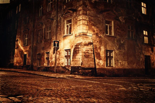 Vintage photo of old European town at night — Stock Photo, Image