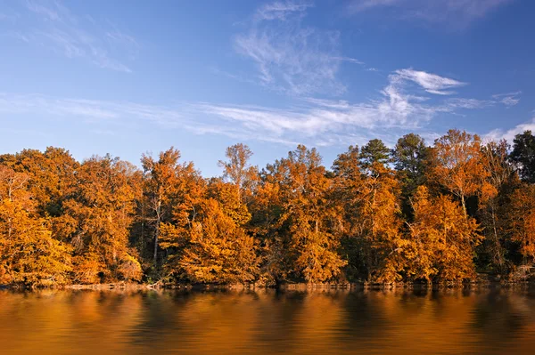 Bellissimi colori autunnali foresta riflessa nel fiume — Foto Stock