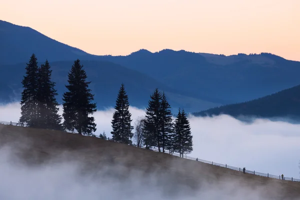 Mountains rural landscape at foggy sunrise — Stock Photo, Image