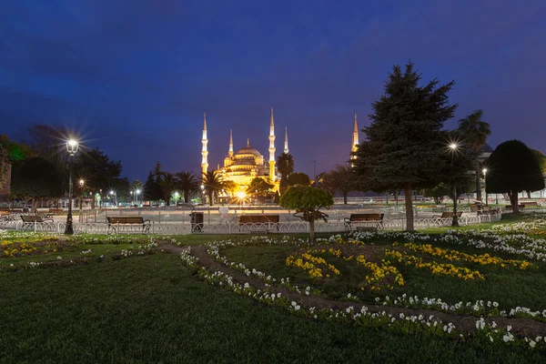 在晚上 sultanahmet 蓝色清真寺 — 图库照片