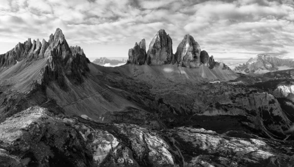 Black and white panorama of Tre Cime and Monte Paterno — Stock Photo, Image