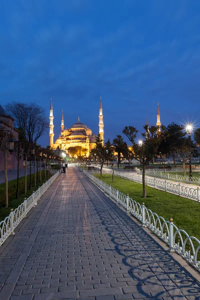 在晚上 sultanahmet 蓝色清真寺 — 图库照片