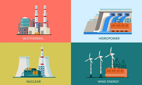 Uma Coleção Ilustrações Planas Usinas Geotérmicas Nucleares Hidrelétricas Eólicas Adequado — Vetor de Stock