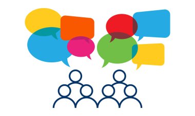 Grup tartışması yapan bir grup insanın düz vektör çizimi. Forum, seminer ve siyasi tartışmaların tasarım unsurları için uygun.