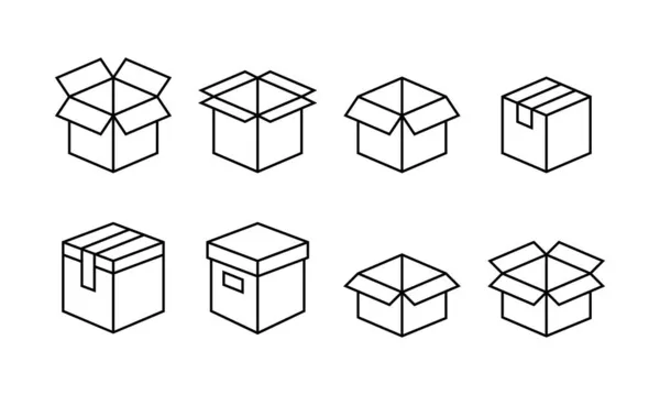 開いたボックスの概要アイコンセット 産業用オブジェクト 貨物及び配送包装の設計要素に適しています — ストックベクタ