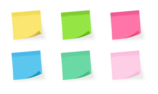 Renkli yapışkan notların gerçekçi vektör çizimi. Boş yapışkan notların tasarımı için uygun bir şablon. Kırışıklık vektörü ayarlı kağıt notlar.