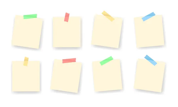 Beyaz arka plana bantlanmış boş kağıt notlar. Renkli yapıştırıcı bantlı boş bir defter modeli. Not kağıdı biçimlendirme vektörü illüstrasyonunun tasarım ögesi için uygundur.