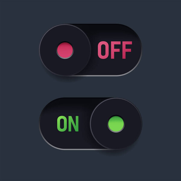 Realistic vector illustration of slider button. Switch on and switch off button for smartphone and app user interface. Slider button in dark theme.