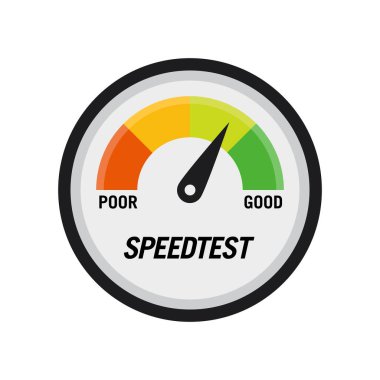 Hız test göstergesinin düz vektör çizimi. İnternet hız testinin tasarım ögesi ve zayıf veya iyi hız göstergesi için uygundur.