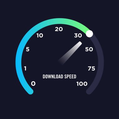 İnternet indirme hızı test göstergesinin vektör illüstrasyonu. İnternet hız test yazılımı ve ağ performans bilgisi tasarımı için uygundur. İnternet bağlantı hız testi.