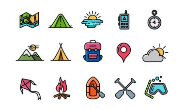 Icon collection of adventure in the wild and outdoor activities. Suitable for design element of campfire, vacation, and adventure icon set. Outdoor lineal color icon set.