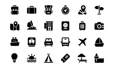 Icon set of traveling and vacation such as a tent backpack, ticket. Suitable for design element of traveling website and tourism app. Traveling icon in glyph style.