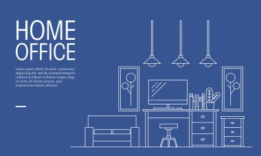 Ofis çalışma alanının ana hatlarıyla illüstrasyonu. Ev ofis tasarımı ve üretkenlik için rahat çalışma masası tasarımı için uygun.