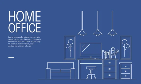 Ofis çalışma alanının ana hatlarıyla illüstrasyonu. Ev ofis tasarımı ve üretkenlik için rahat çalışma masası tasarımı için uygun.